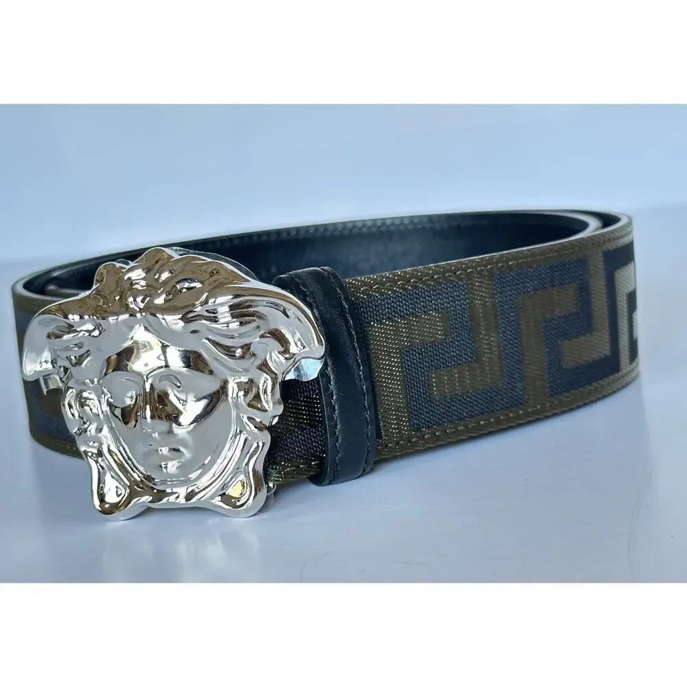 Versace Medusa-Buckle Greca Calf Leather Green/Black Belt 85 (34) 1021764 NWT